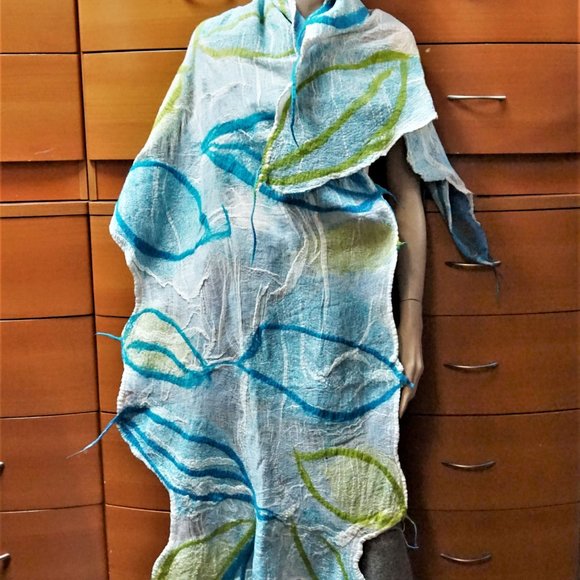 HUGE FELTED WOOL COTTON SHAWL HANDMADE IN EUROPE UNIQUE GIFT - Picture 4 of 8